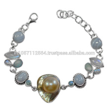 925 Sterling Silver & Blue Lace Ágata Doublet Opal Rainbow Moonstone Pulsera de piedras preciosas Joyería
